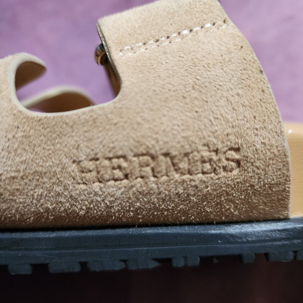 Hermes Chypre Women's Nude Beige Suede Leather Sandals Made in Italy Size 8.5 39 - Picture 3 of 7